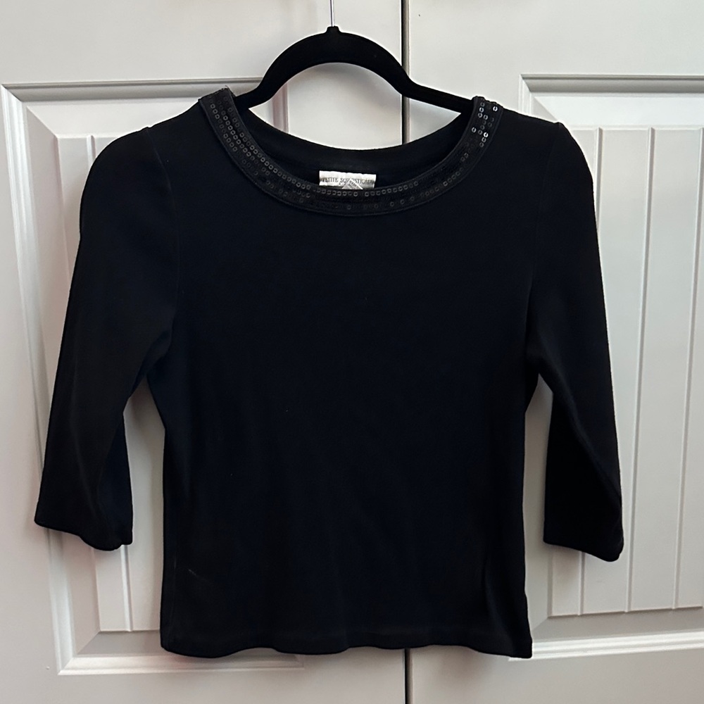 Petite Sophisticate Black 3/4 Sleeve Top with Sequin Trim
